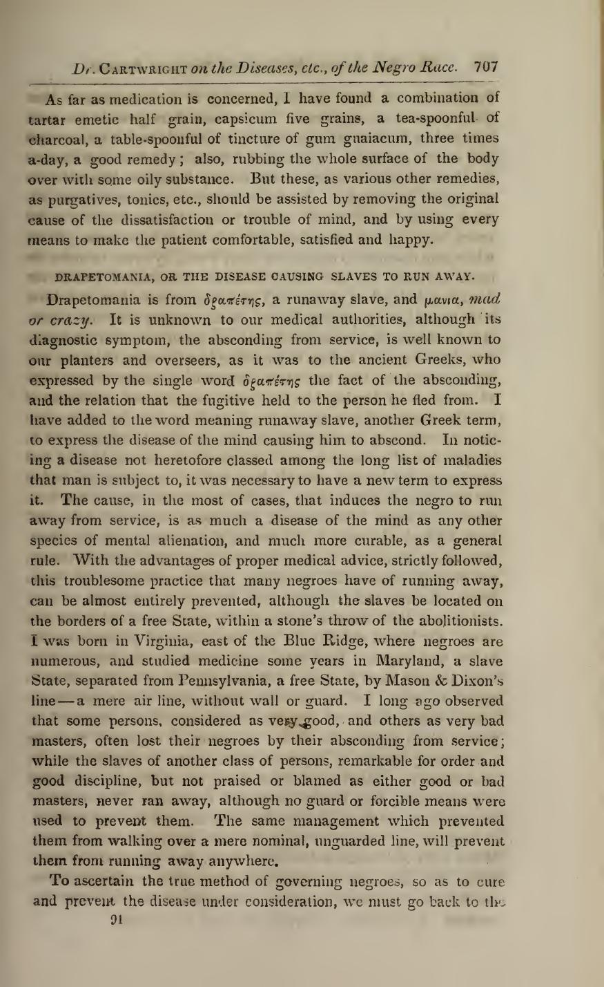 Page 707 of the 1851 New Orleans Medical and Surgical Journal, showing Cartwright's heading 'Drapetomania, or the disease causing slaves to run away.'